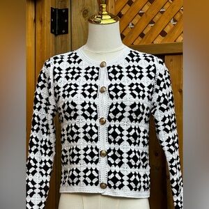 🆕 FARM Rio 🧿 NWT Patch Crochet Black & White Monochrome Button Up Jacket, Sz S